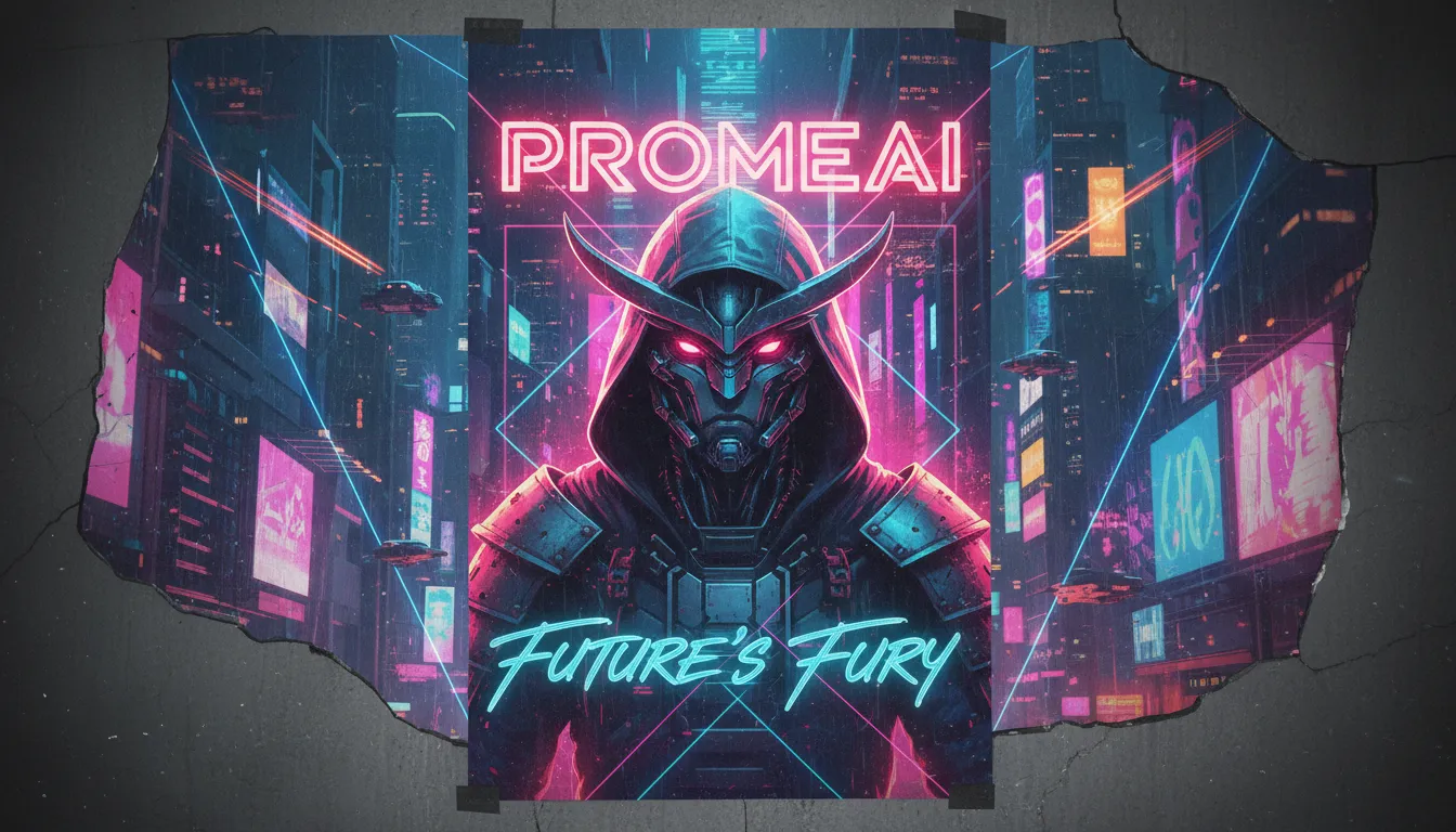 一张用PromeAI创作的充满活力的海报，展示了一个被粉色和蓝色霓虹灯文字照亮的精致角色。