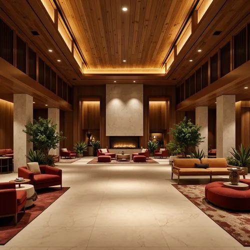Warm inviting hotel lobby, rich wood accents, plush velvet furniture, golden lighting fixtures, soft beige marble floors, warm earthy tones, cozy fireplaces, lush greenery, natural stone walls, modern