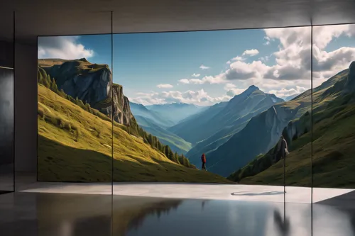 Mountain landscape in matrix digital style. with person walking in front of a big standing mirror. outside of the mirror it's all digital render, inside of the mirror is real,virtual landscape,flat pa