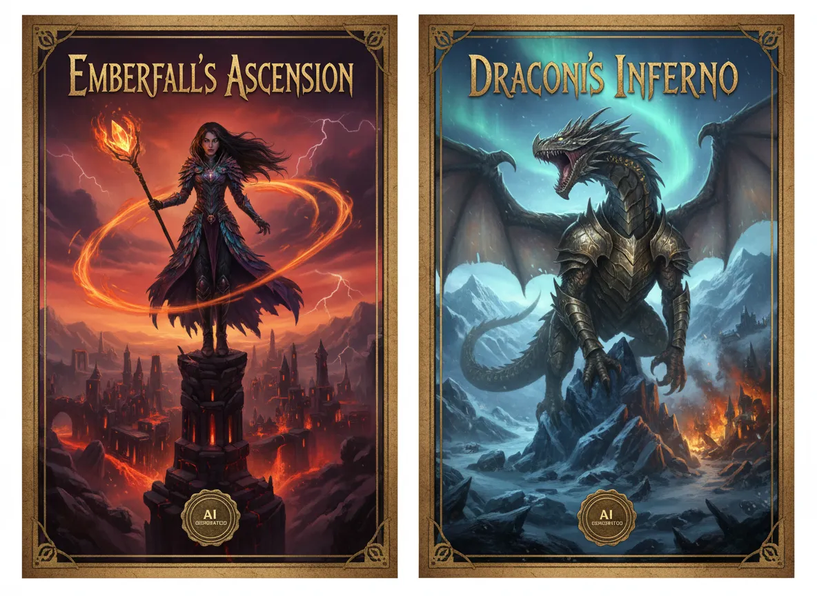 Un confronto fianco a fianco di due copertine di libri epic fantasy generate dall'IA, una con una maga e una con un drago.