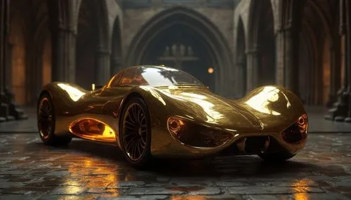 "Hyperrealistic solid gold hypercar concept, Gothic stone architecture backdrop, moody atmospheric lighting, premium 3D rendering, high contrast",a very shiny gold car is parked in the building,speeds