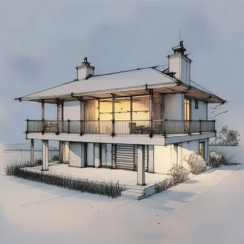 the rendering of a three story house is shown in color,winter house,house drawing,sketchup,snow house,snow roof,inverted cottage,3d rendering,revit,snowhotel,wooden house,dunes house,small house,moder