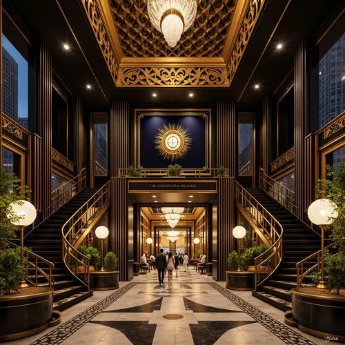 Luxurious Art Deco building, ornate metalwork, polished chrome accents, rich marble floors, opulent crystal chandeliers, lavish velvet drapes, geometric patterned rugs, metallic leaf motifs, sunburst 