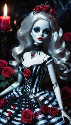 60s barbie doll in a black and white striped ballgown,Monster High Barbie,porcelain rose,black rose,artist doll,queen of hearts,painter doll,handmade doll,tumbling doll,red rose,porcelain dolls,dress 