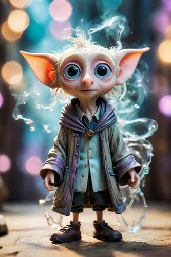 shabby chic dreamy mist pastel junk journals 
whimsical cute quirky harry potter style Dobby with big eyes in odd clothings, tamara laporte style, 
swirling magical fairytale abstract art style,an ani
