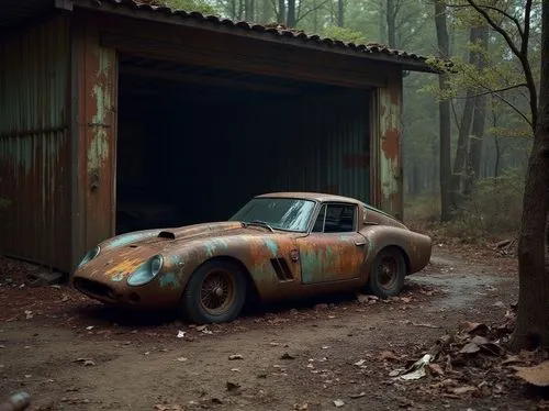 In the midst of darkness, a rusty 
 ferrari 250 GTO   comes into view. 
 fixed on the rusted exterior. The garage is covered in intricate rusted metal and rubies, casting eerie shadows on the dirt and
