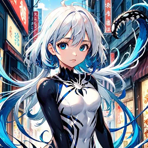 White symbiote with blue details, female body,white heart,ayanami,silva,weiss,takane,kashima,schwarzes,kiriko,kanade,sakuya,yokoi,aqua,noire,chaika,ororo,kinugasa,towa,suzuka,hibiki,magatama,Anime,Ani