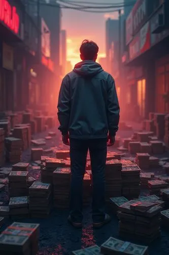 a person standing with stacks of cash behind him. 8k resolution, high definition, extremely detailed, vibrant hues, modern realism, dynamic lighting, intense color contrast, cinematic angle










