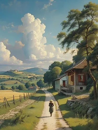 A woman walks along the path.,a painting shows a rural road with a person on a bicycle on the side,rural landscape,home landscape,farm landscape,landscape background,rural,countryside,farm background,