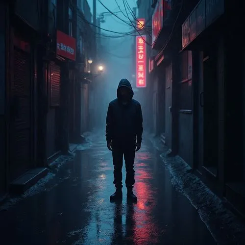 Imagine a cinematic image of a lone figure standing motionless in a narrow, rain-soaked alley bathed in holographic light. Half-hidden by shadow, his contemplative stance and subtle, resolute expressi