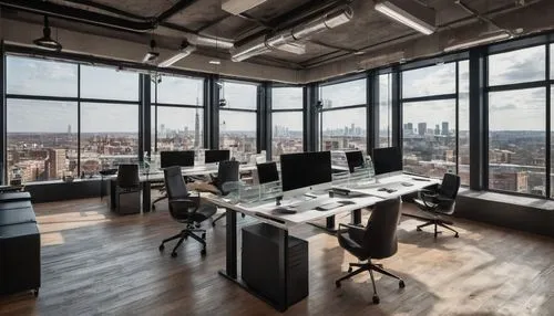 Modern interior design firm, minimalist workspace, sleek glass table, ergonomic chairs, floor-to-ceiling windows, cityscape view, busy young adult interns, (20-25yo), casual business attire, laptops, 