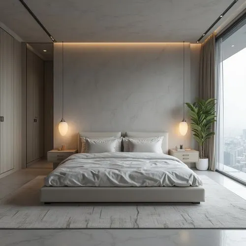  ,a minimalistic bedroom with large windows overlooking a city,modern room,bedroom,modern decor,headboards,sleeping room,marble texture,3d rendering,bedrooms,contemporary decor,interior modern design