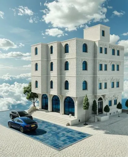 An ultra-realistic, photorealistic architectural visualization of the exact multi-story residential-commercial building shown in image_0.png. The scene is rendered in crisp, high-definition (8k resolu