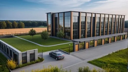 Photo realistic industrial building, blender render, vray render,achicad render ,an aerial s of the top of the large building,biotechnology research institute,headquarter,chancellery,new building,comp