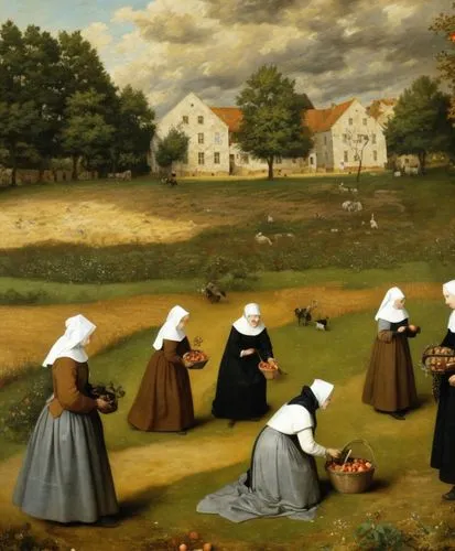 (view from above as in the paintings of Pieter Bruegel, small figures of Catholic nuns in Breton bonnets and kerchiefs, light brown robes and dark brown dresses pick apples from the trees, small gray 