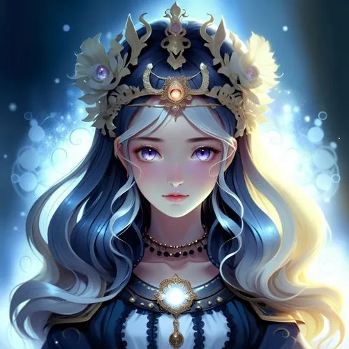A young woman with glowing eyes,anime style illustration of a girl wearing a crown and wearing jewelry,queen of the night,heart with crown,crowned,princess crown,the snow queen,summer crown,priestess,