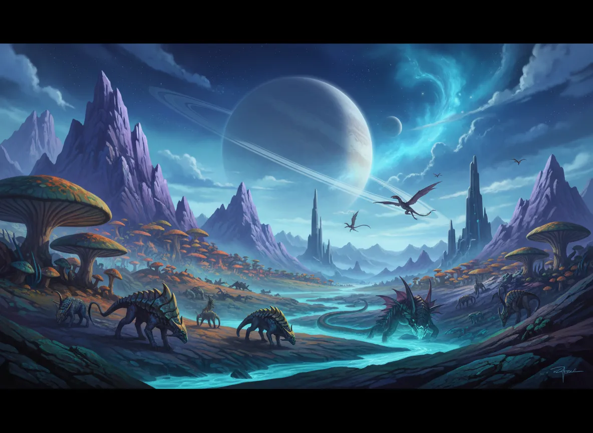 एक एलियन ग्रह का एक महाकाव्य साइ-फ़ाई कॉन्सेप्ट आर्ट पीस, जिसमें विस्तृत जीव और परिदृश्य एक स्मूथ, एयरब्रश गुणवत्ता के साथ दिखाए गए हैं।