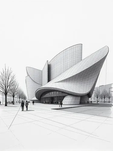 A hand drawn very abstract using simple shapes, sketch diagram of the massing of the Curved, dynamic forms of the Guggenheim Bilbao greyscale
,people are standing outside of a large building,disney