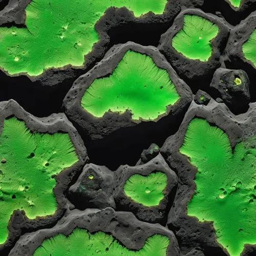 roccia  spaccata nera con all'interno minerali verde fluorescente,a close up view of a cluster of green flower petals,stomata,solidified lava,peristaltic,microscopical,porphyritic,tektite,cement backg