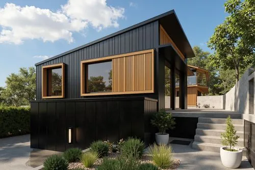 A modern, minimalist black house with wooden accents and a glass-enclosed entrance. the house is situated on a hillside with lush greenery and a clear blue sky with fluffy white clouds in the backgrou