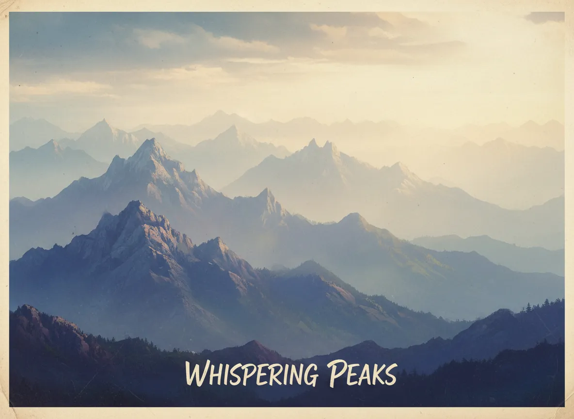 Un poster di un paesaggio che mostra montagne che sfumano in lontananza con una prospettiva atmosferica nebbiosa in stile Sfumato.