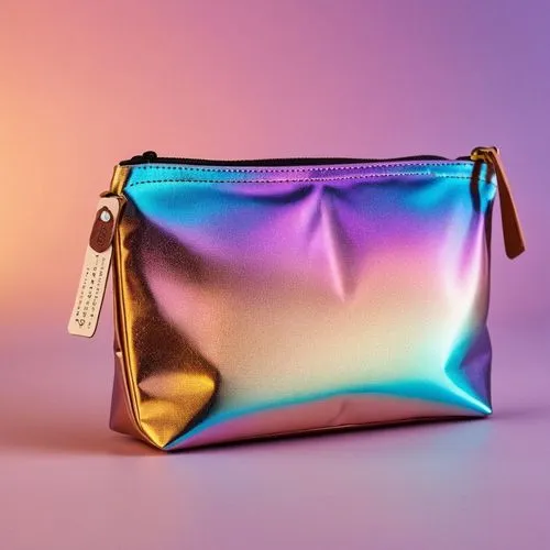 product design，Packaging Design,a gold and purple bag with a white tag,purse,purses,gradient mesh,iridescent,handbag,bag,holographic,a bag,stone day bag,pocketbook,gradient effect,handbags,gift bag,me