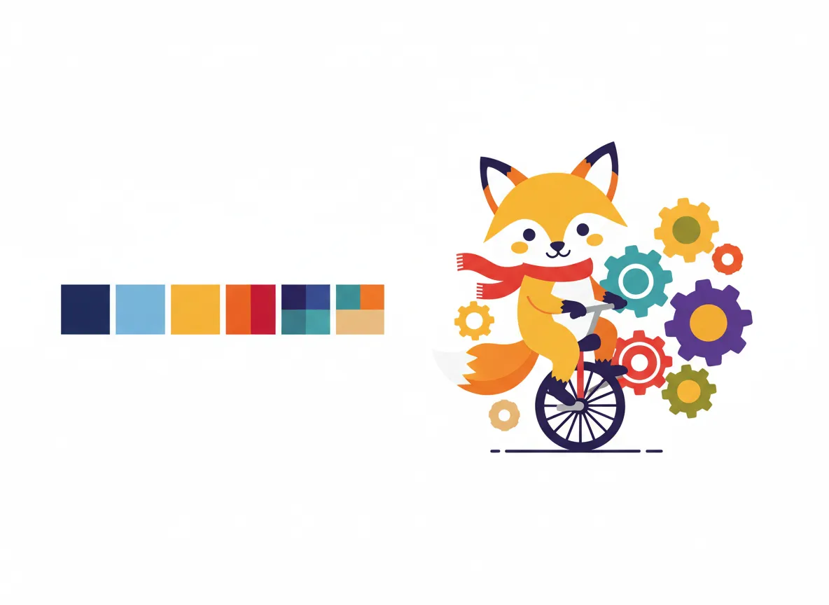 モノクロ、類似色、補色、トライアドという異なるカラーパレットを示す4つの小さな四角形と、そのうちの1つを使用したベクターイラスト。