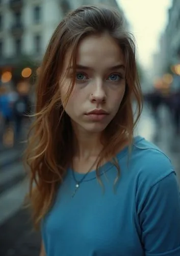 a close up of a young caucasian girl with blue eyes and brown whiskers, dressed in a blue t-shirt, her reflection can be seen on her skin, she is looking directly at the camera, showing her time as ap