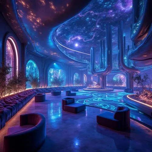 Bioluminescent nightclub, undulating organic forms, iridescent curves, shimmering LED lights, glossy metallic surfaces, futuristic architecture, nebula-inspired ceiling design, dark mysterious ambianc