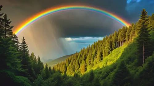 rainbow above forest, cinematic action, romantic