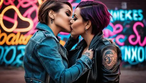 lesbian couple, intimate embrace, romantic atmosphere, tender kiss, gentle fingers intertwined, short hair, bold makeup, tattoo on neck, leather jacket, ripped jeans, confident posture, city night, ne