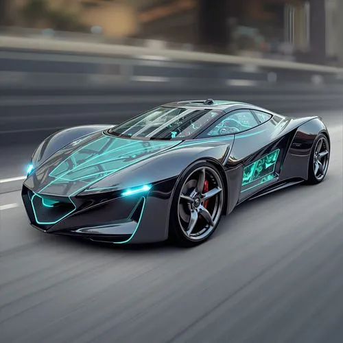 A sleek urban commuter car designed for megacities, cruising through a smart cityscape filled with automated traffic and drone deliveries. The compact vehicle has a semi-transparent roof, glowing teal