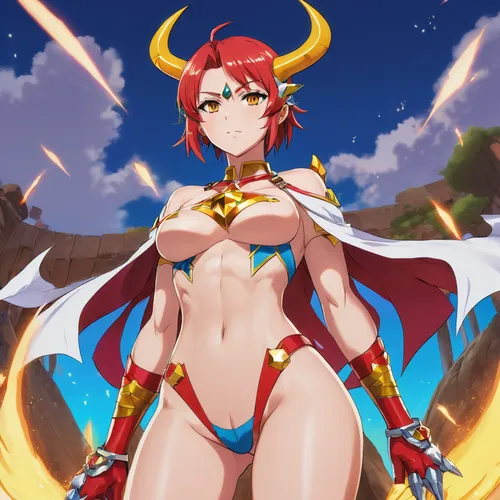 A female giant has white horns pointing forward in her ears, a white bump on her forehead, short red hair, claws like hands, yellow eyes, and is wearing bikini armor with red and blue stripes. There i