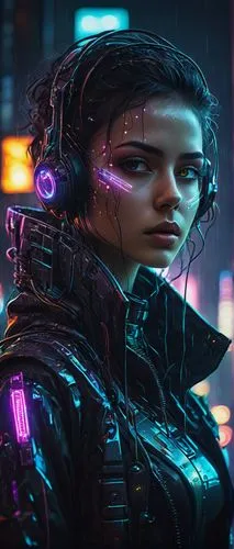 Digital portrait, non-existent face, futuristic cyberpunk, neon lights, glowing circuitry, metallic skin, intricate details, high-tech equipment, wires, motherboards, robotic eyes, cold calculating ga