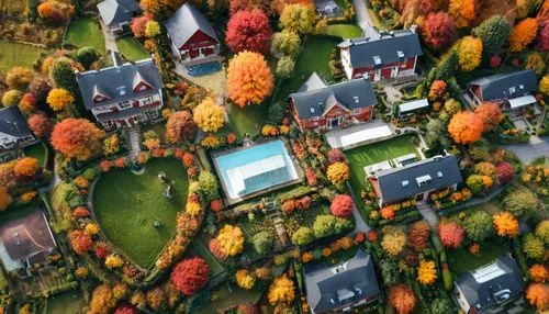 The heart of a cozy cottage is bathed in the soft glow of autumn lamps as the gentle breeze rustles the leaves. A charming scene is made of enchanting hues of red, orange, and yellow. The garden is al
