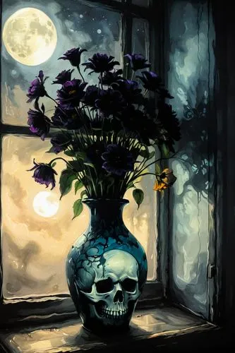 some dark strange flowers inside a skull vase, in front of a window, in a dark night with a full moon anda many shadows. In loose smuged and dark paint style.,floral skull,nightshade plant,deadly nigh