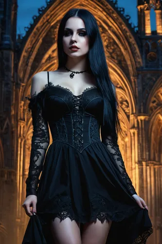An ultra detailed, a beautiful goth girl, 18 yo, ((huge beautiful round chest, slim waist), slim figure), with long straight hair in a short black dress, double exposure, walking through a gothic city