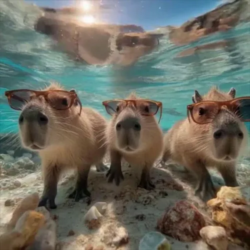 The three capybaras in the picture keep swimming fast in the direction of the camera, the camera pulls away as they get closer, the one in the middle swims faster, the other two follow the one in the 