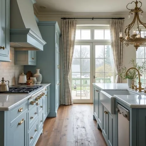 A serene indoor design emphasizing natural materials and a muted blue palette. The cabinetry in soft grey-blue tones is paired with rustic wooden flooring and a marble-textured island. A large window 