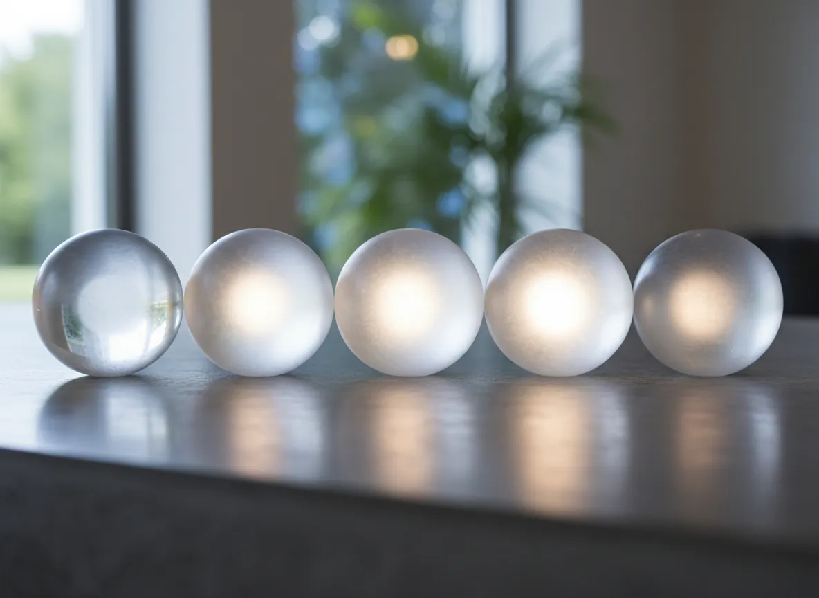 कई AI-जनित फ्रॉस्टेड ग्लास गोलों की एक छवि, जिनमें से प्रत्येक अपने भीतर प्रकाश प्रकीर्णन प्रभाव के एक अलग स्तर को प्रदर्शित करता है।