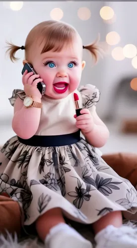 a baby girl talking on the phone wearing a dress,female doll,vintage doll,doll looking in mirror,cloth doll,fashion doll,doll dress