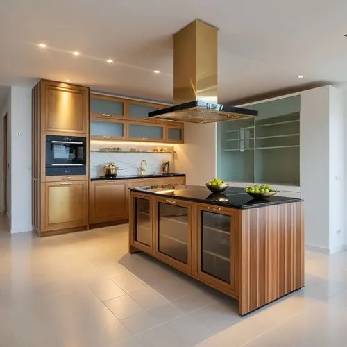 Luxury kitchen featuring natural beech wood cabinetry, with the sink positioned between two countertop sections and surrounded by beech wood cabinets and storage units on both sides. Beautiful natural