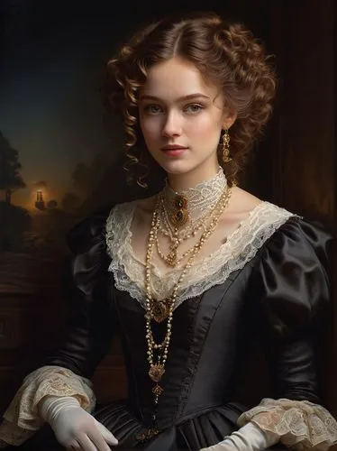Fantasy portrait, Jane Newland, beautiful detailed eyes, porcelain skin, curly brown hair, gentle smile, elegant Victorian-era inspired attire, lace gloves, ruffled blouse, long flowing skirt, intrica