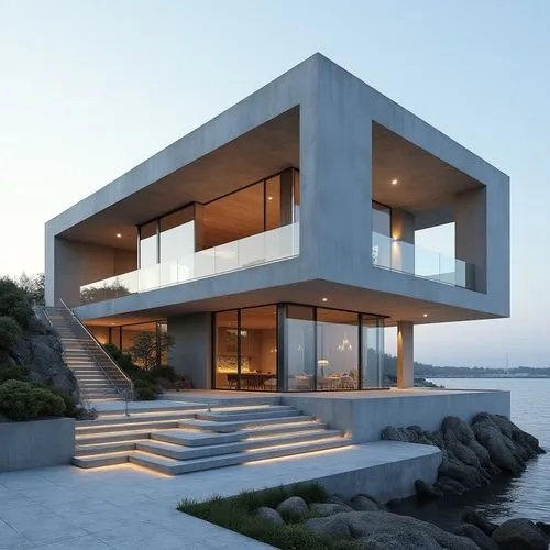 A hyper-realistic, high-resolution architectural photograph capturing a striking, multi-level contemporary home constructed primarily from smooth, exposed concrete. The design is characterized by dram