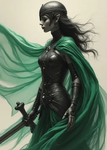 In the midst of a fierce battle, a regal female elf barbarian with black hair. She wears a sleek black helmet adorned with a filigree metal threads, showcasing her armor. Her body is coated in a vast,