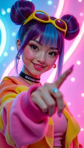 an asian female with big hoops giving the finger sign,rainbow pencil background,neon candies,vector girl,world digital painting,noodle image,portrait background,colorful background,crayon background,n
