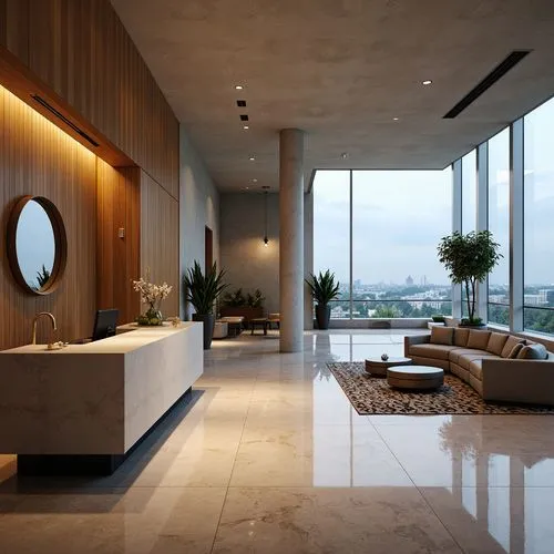 Luxurious minimalist hotel lobby, sleek marble floors, sparse greenery, modern reception desk, ambient warm lighting, comfortable sofas, geometric-patterned rugs, floor-to-ceiling windows, panoramic c