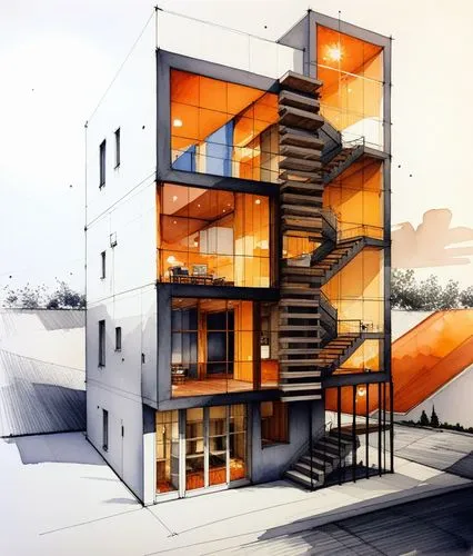 the exterior of a house with orange and gray glass,revit,cubic house,sketchup,3d rendering,lofts,passivhaus,townhome,residencial,cantilevers,townhomes,renderings,tonelson,modern architecture,multistor