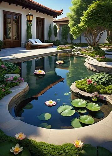 Serenity landscape, modern architecture, luxurious villa, courtyard design, greenery surroundings, natural stone pavement, water feature, small pond, floating lotus flowers, lush trees, vibrant flower
