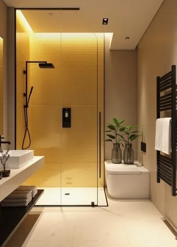 Luxurious modern bathroom with a striking golden glass tile shower wall, recessed shelves for toiletries, black towel warmer with soft white towels, warm beige stone walls, sleek black fixtures, soft 